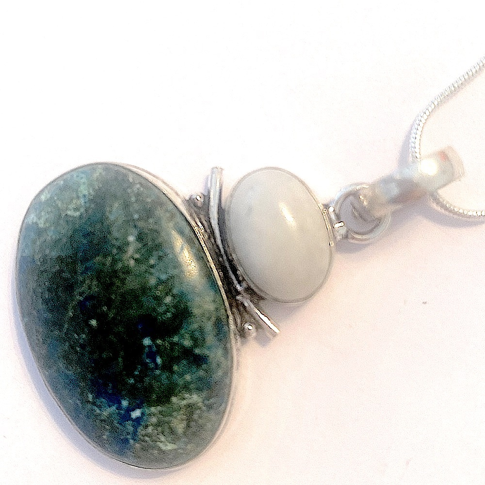 1 1/2 inch, Chrysocolla and Rainbow moonstone pendant - Picture 3 of 6